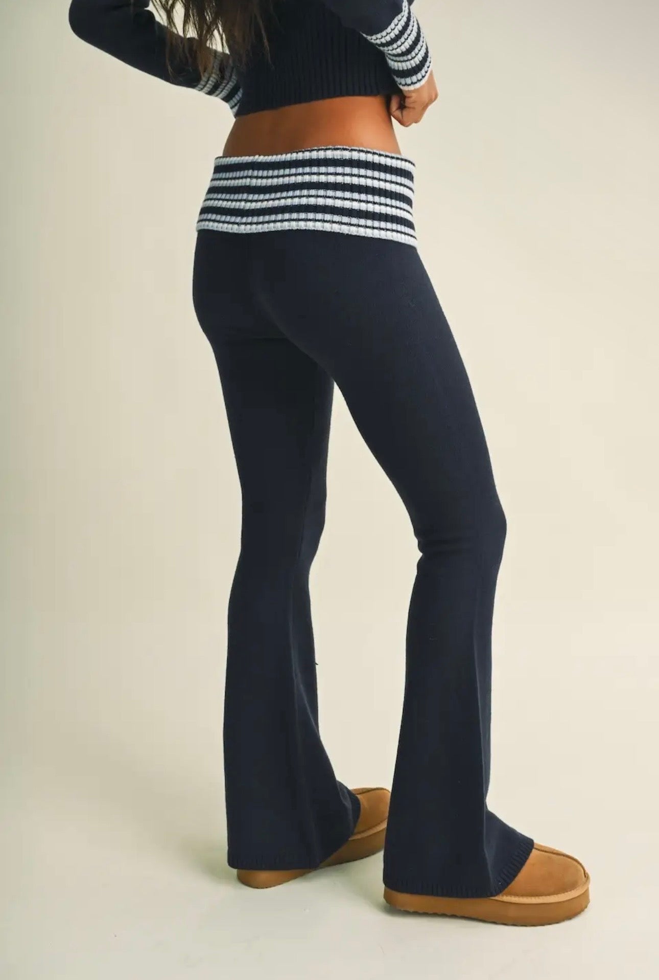 Striped Zip Up Knit Sweater & Fold Over Pant Set