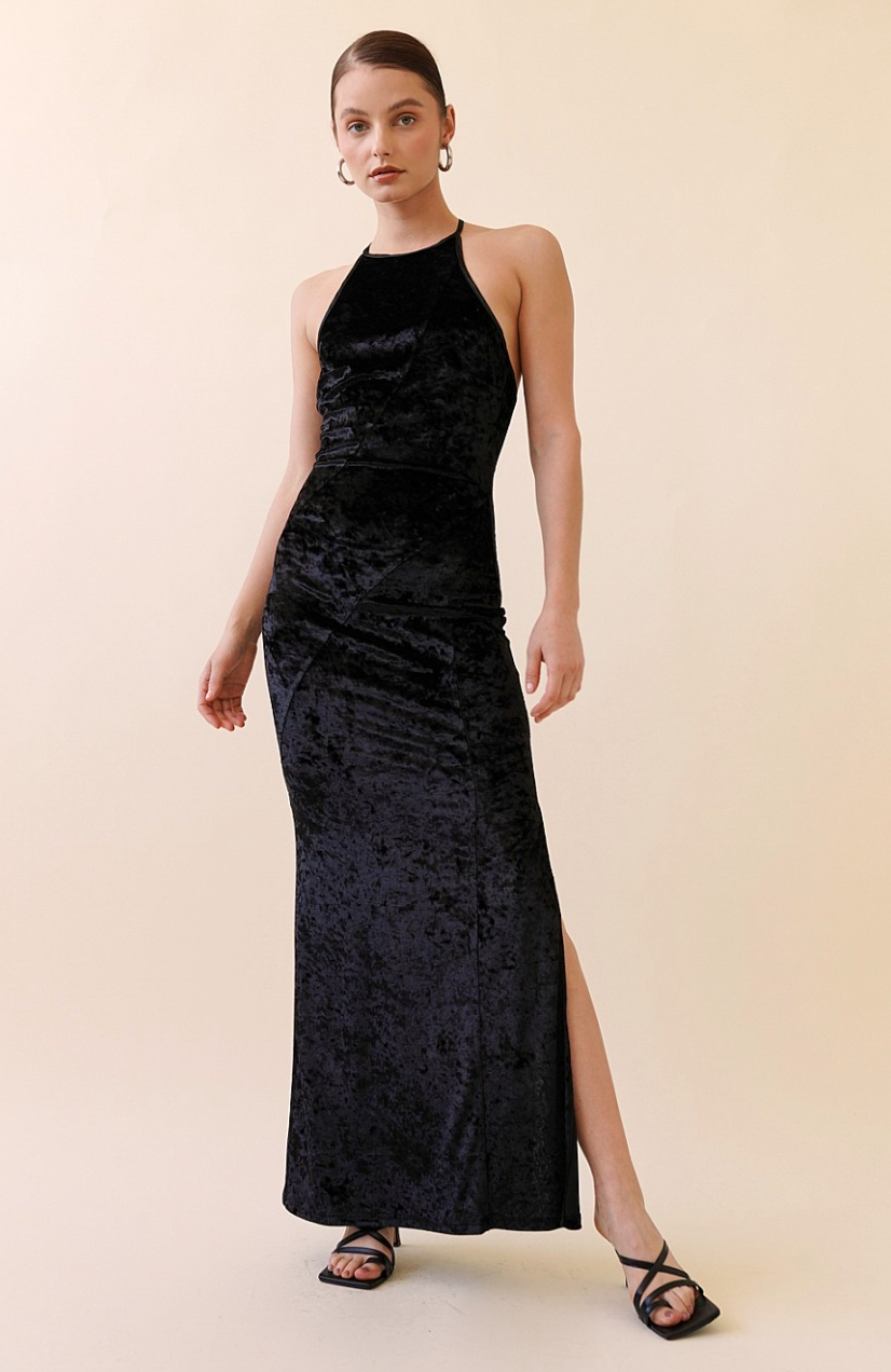 Black Velvet Open Back Maxi Dress