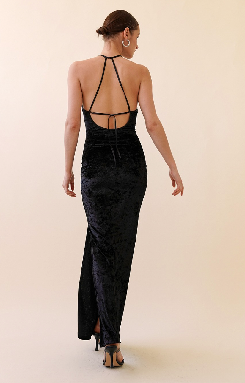 Black Velvet Open Back Maxi Dress
