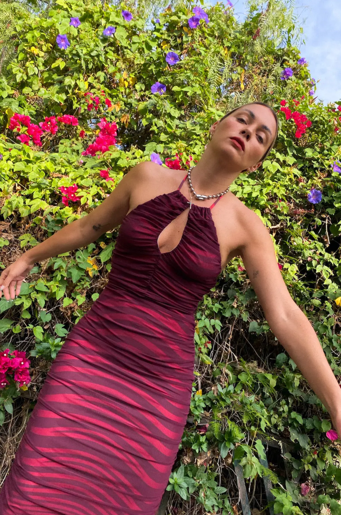Maroon Rouge Wave Mesh Midi Dress