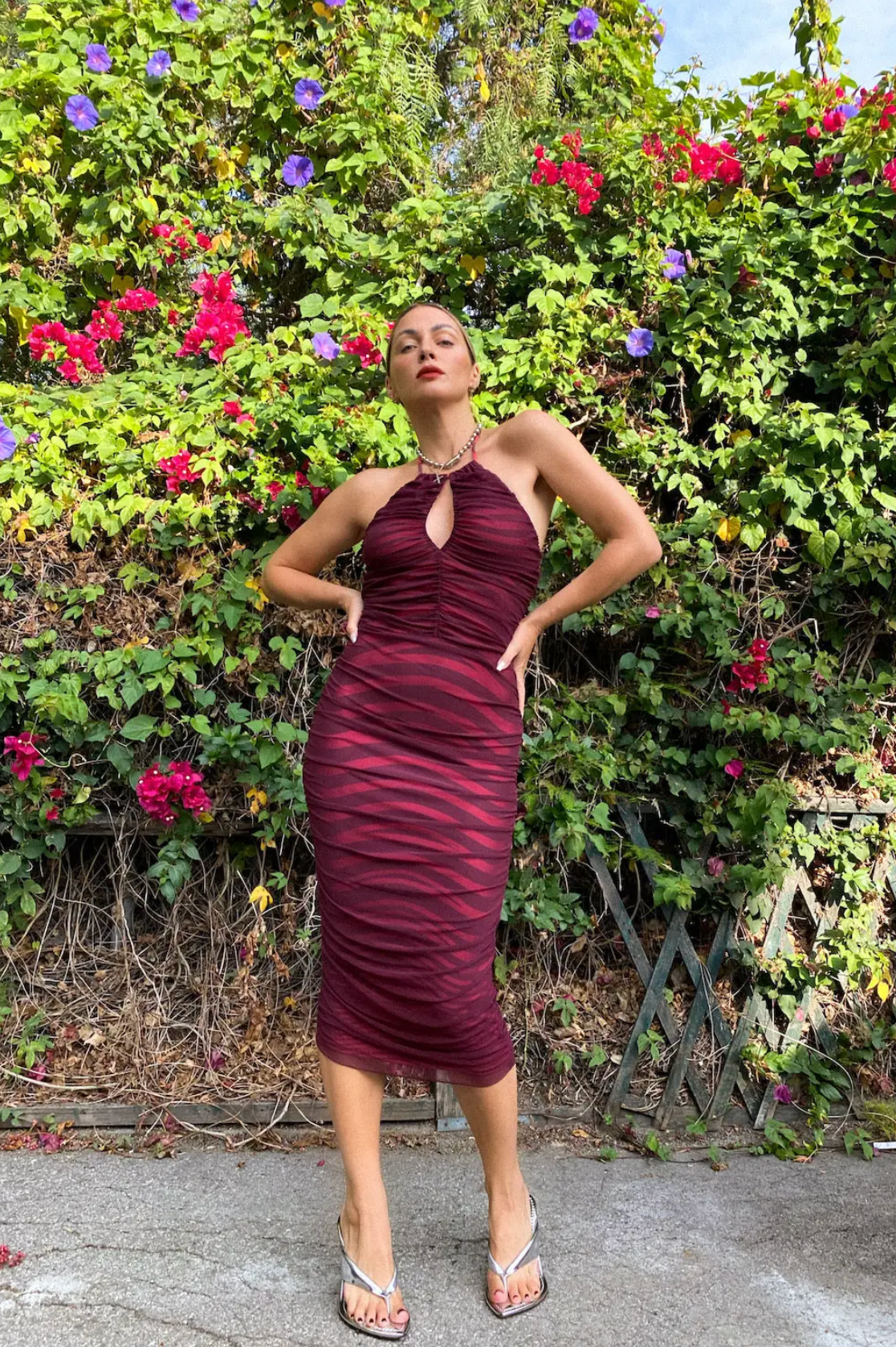 Maroon Rouge Wave Mesh Midi Dress