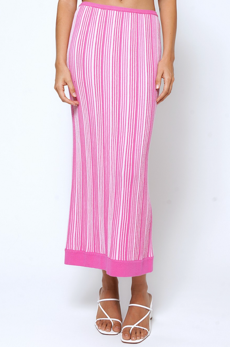Hot Pink Ribbed Color Block Midi Skirt