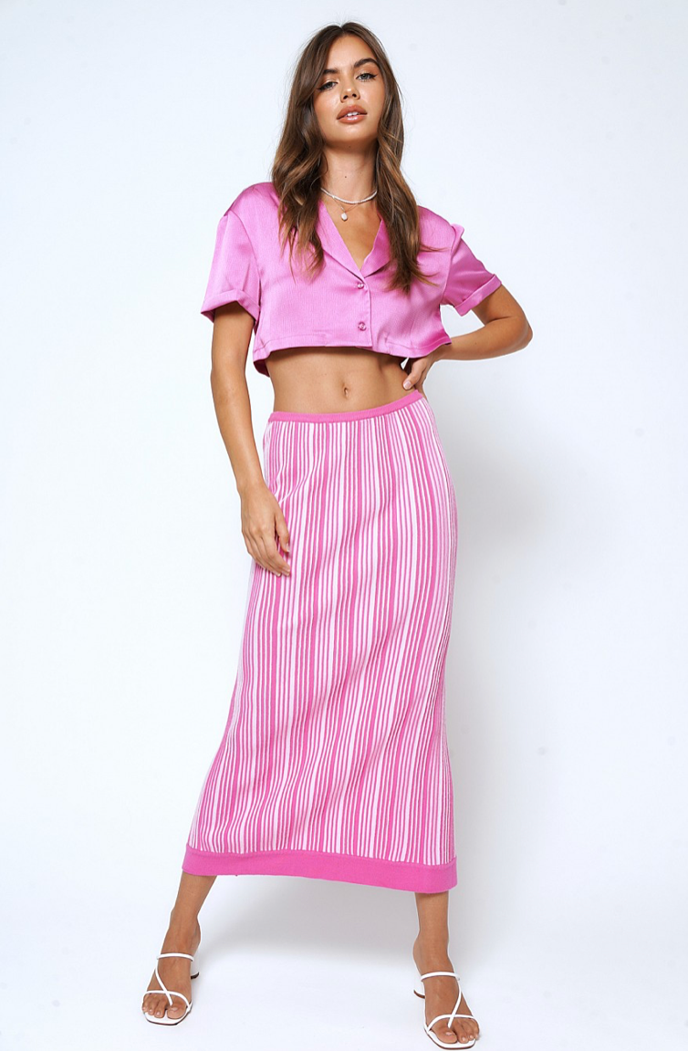 Pink ribbed midi outlet skirt