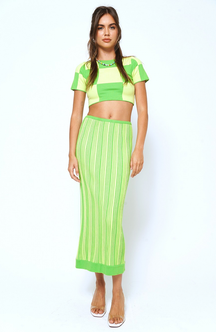 Lime Green Ribbed Color Block Midi Skirt