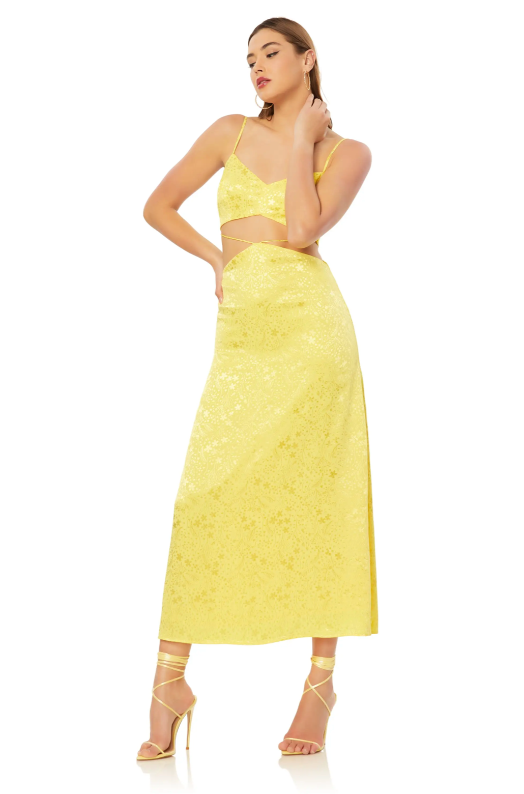 Yellow Jacquard Satin Cut Out Midi Dress