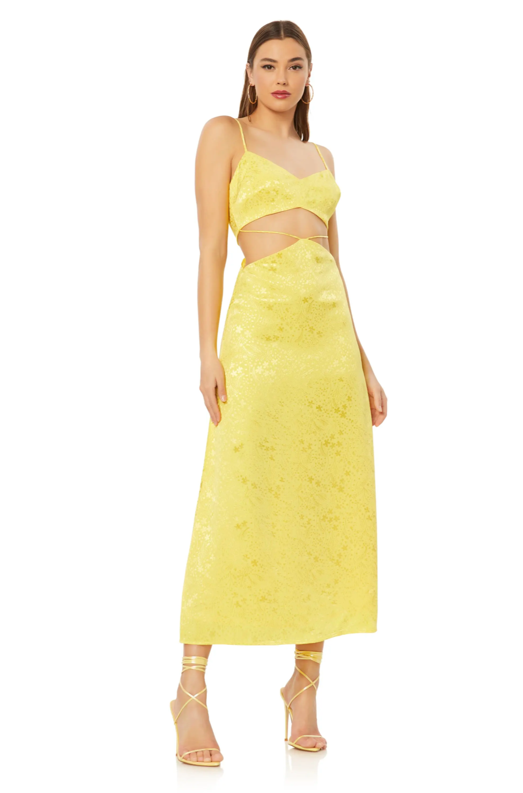 Yellow Jacquard Satin Cut Out Midi Dress