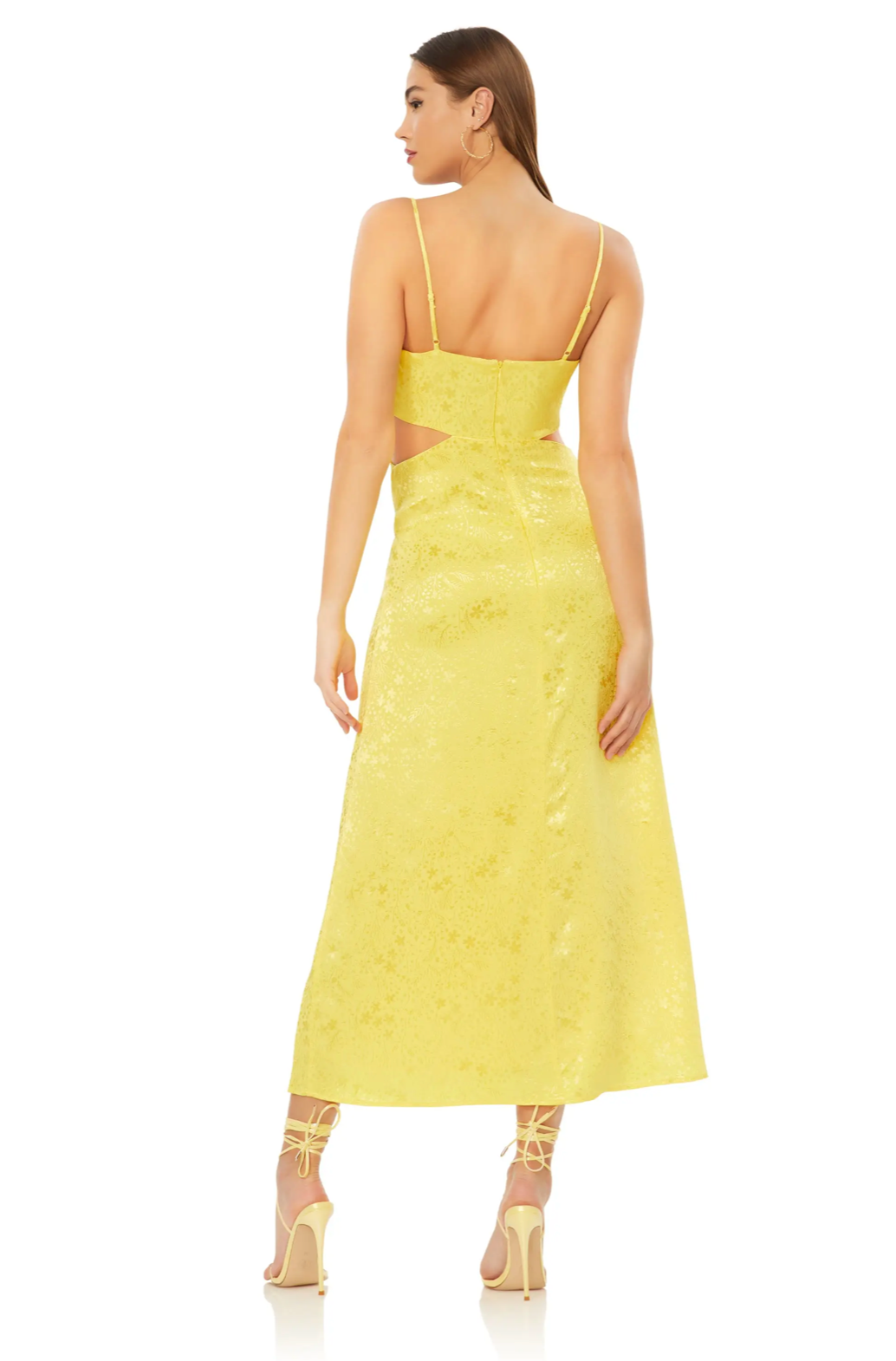 Yellow Jacquard Satin Cut Out Midi Dress