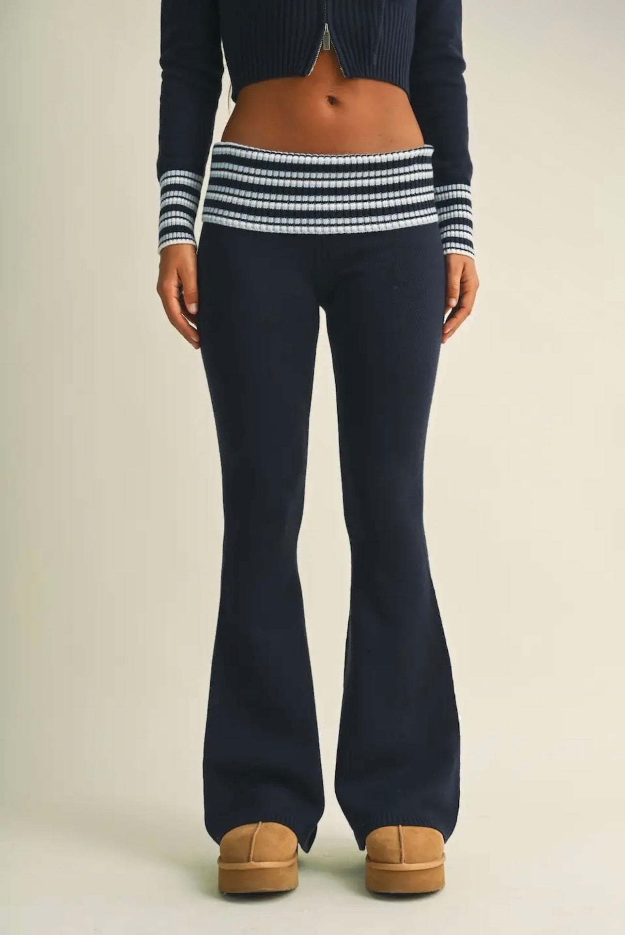 Striped Zip Up Knit Sweater & Fold Over Pant Set