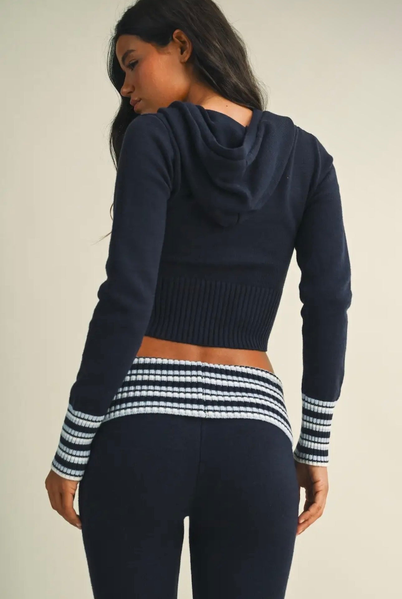 Striped Zip Up Knit Sweater & Fold Over Pant Set