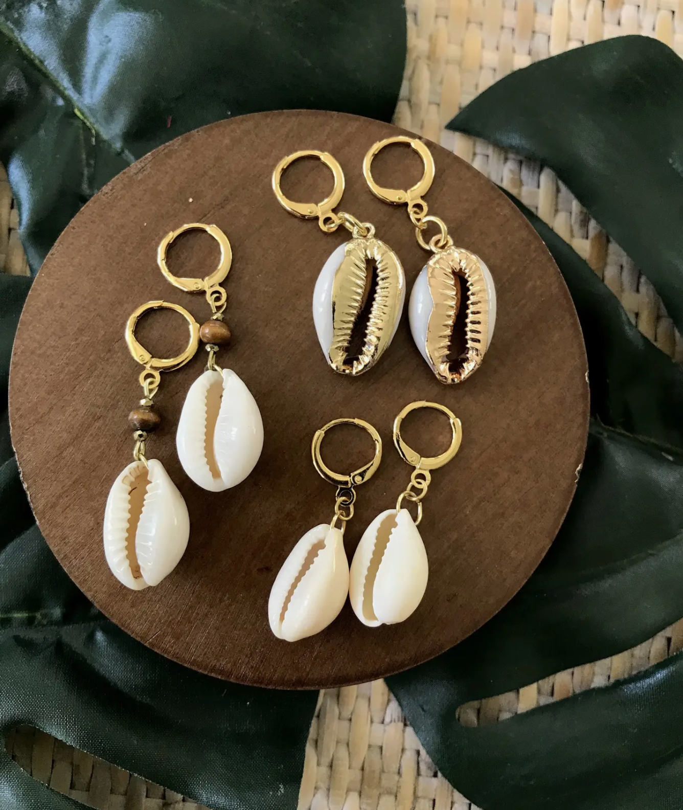 Wood Beaded Cowrie Shell Earring