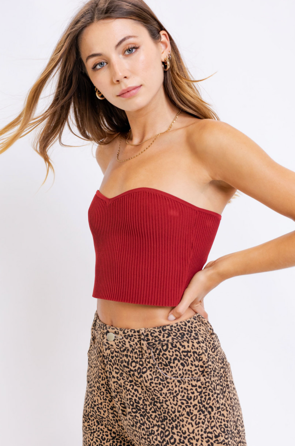 Crimson Red Ribbed Bandeau Top