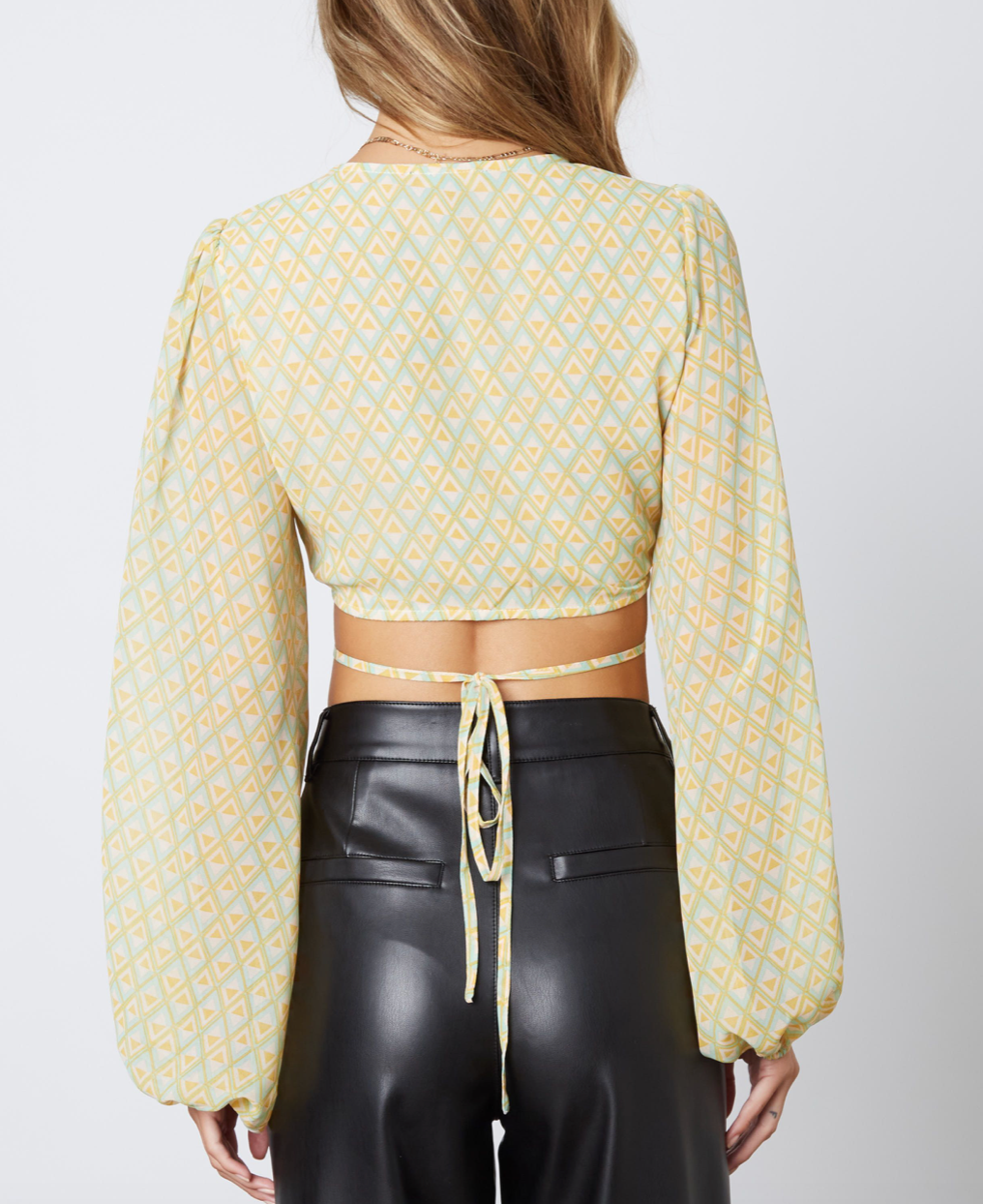 Jade Abstract Print Long Sleeve Cropped Wrap Top
