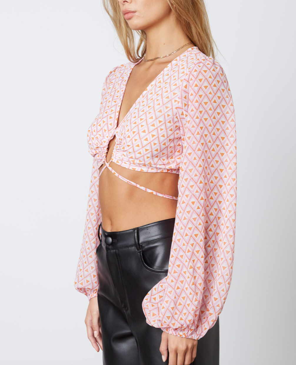 Lilac Abstract Print Long Sleeve Cropped Wrap Top