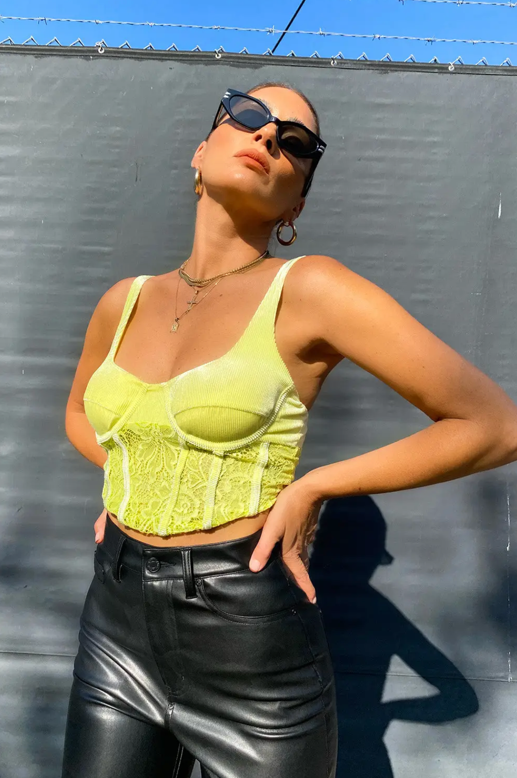 Sunny Lime Velvet Knit Cropped Corset Top