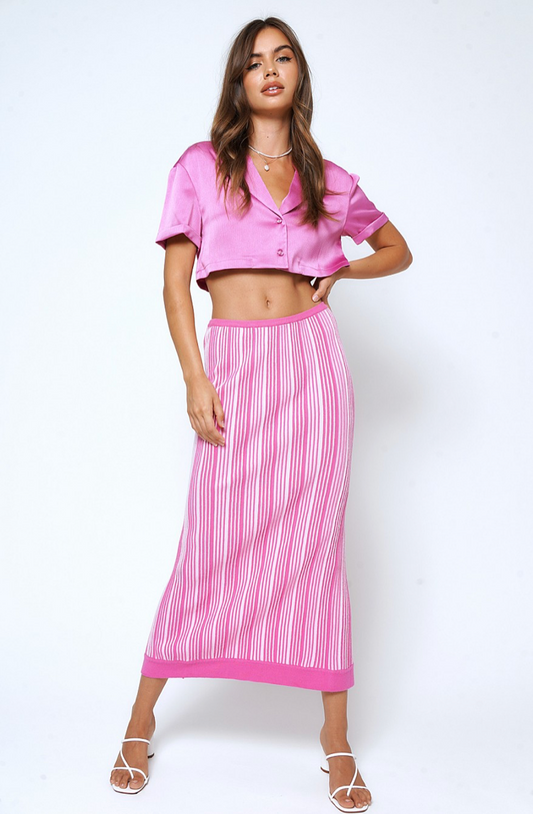 Hot Pink Ribbed Color Block Midi Skirt