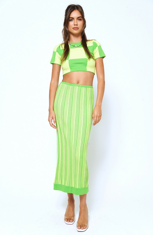 Lime Green Ribbed Color Block Midi Skirt