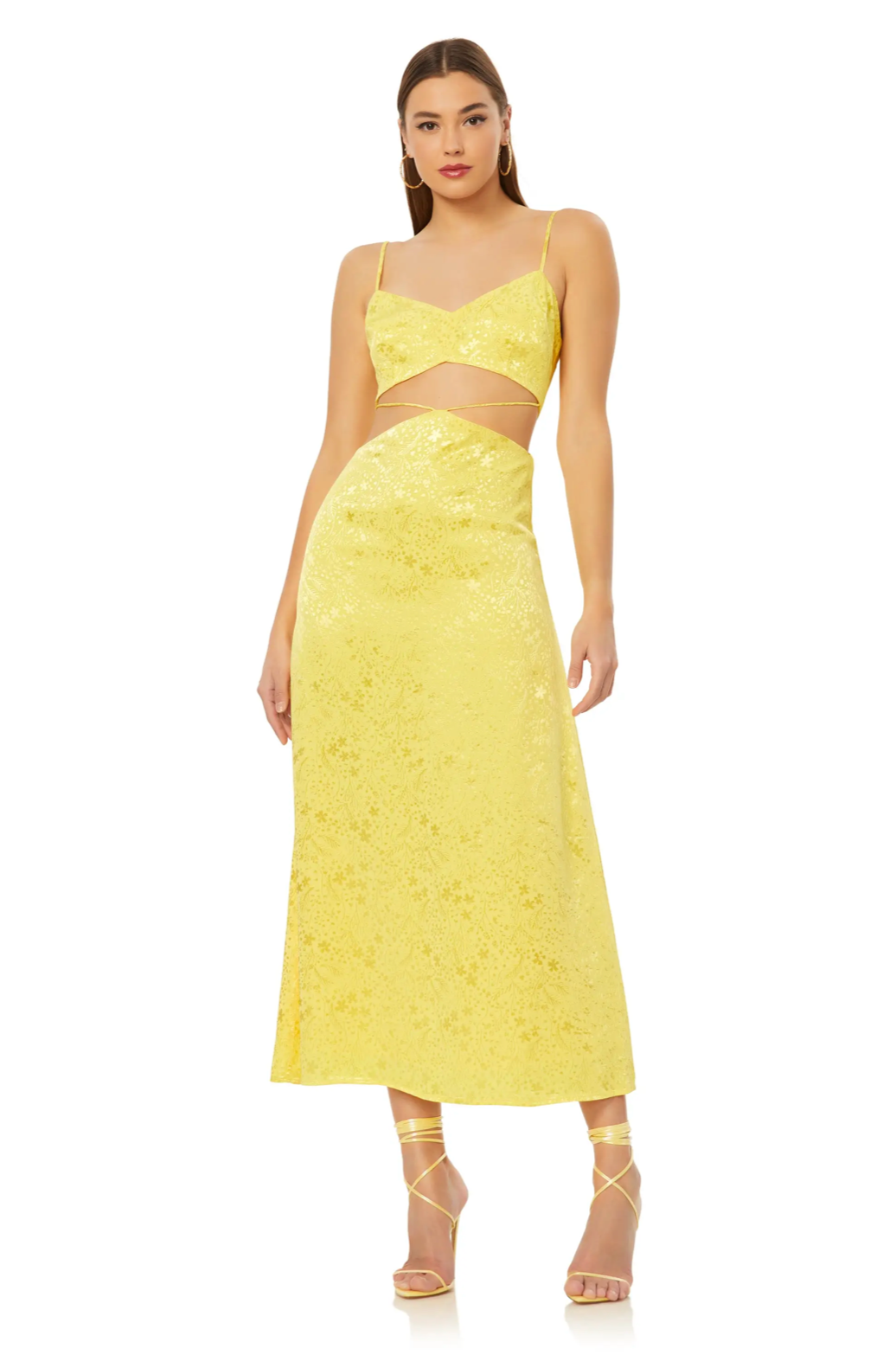 Yellow Jacquard Satin Cut Out Midi Dress