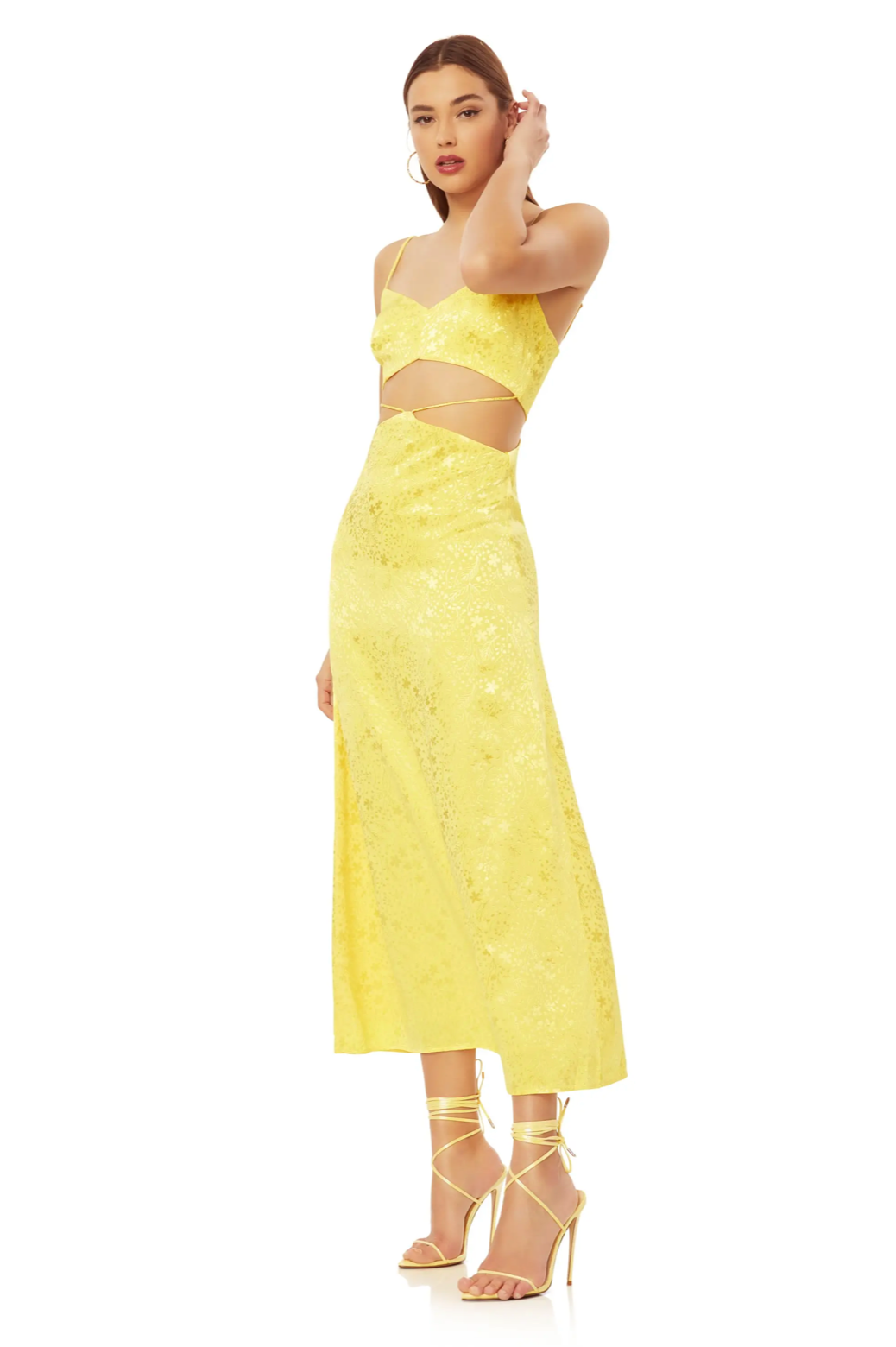 Yellow Jacquard Satin Cut Out Midi Dress