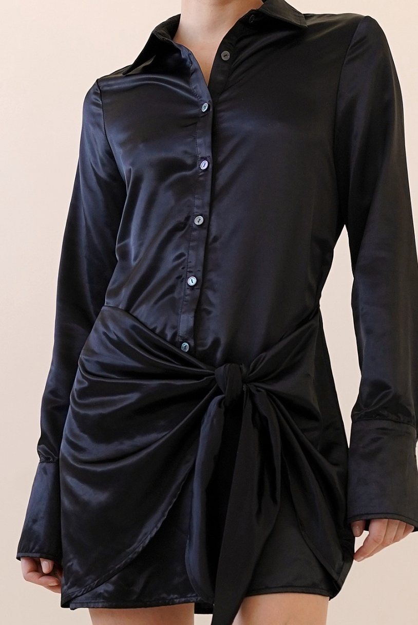 Black Satin Button Down Wrap Dress